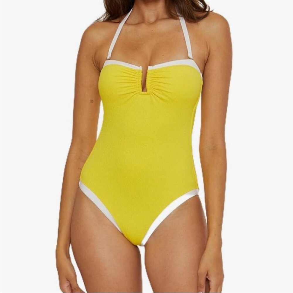 TRINA TURK Halter Bandeau One Piece Swimsuit Size 12 yellow white NWT